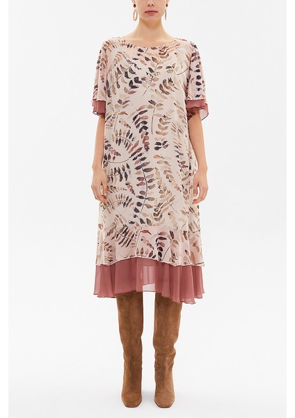 Somon Volanlı Şifon Midi Elbise 93224