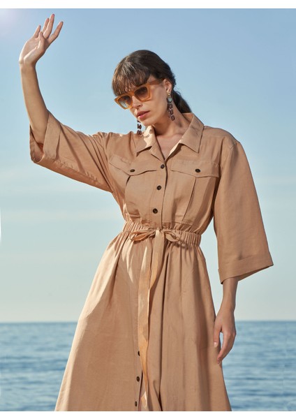 Bej Bol Kesim Keten Gömlek Elbise 93564