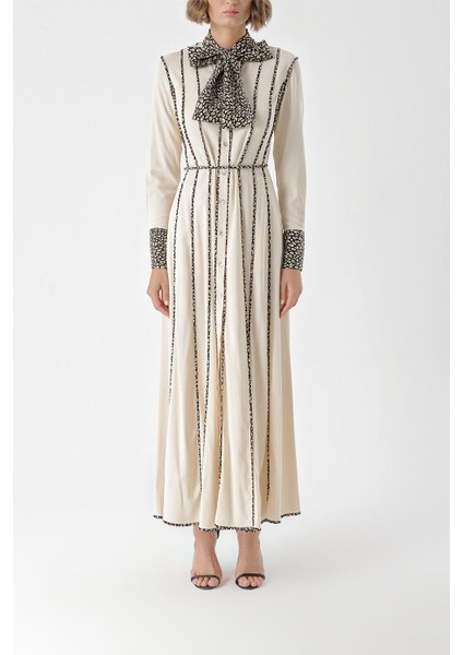 Bej Kontrast Biye Detaylı Uzun Gömlek Elbise 94325