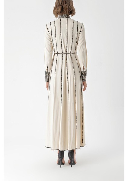 Bej Kontrast Biye Detaylı Uzun Gömlek Elbise 94325