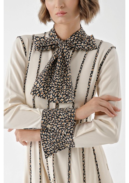 Bej Kontrast Biye Detaylı Uzun Gömlek Elbise 94325