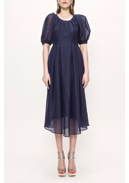 Mavi Balon Kol Kemerli Elbise 93096