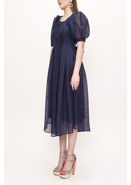 Mavi Balon Kol Kemerli Elbise 93096