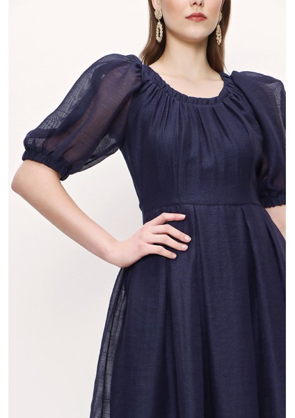 Mavi Balon Kol Kemerli Elbise 93096