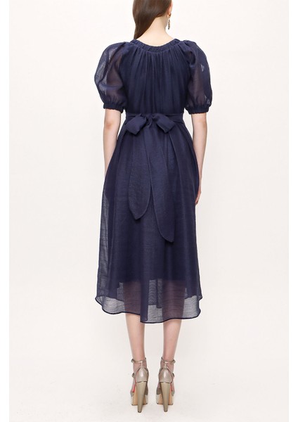 Mavi Balon Kol Kemerli Elbise 93096