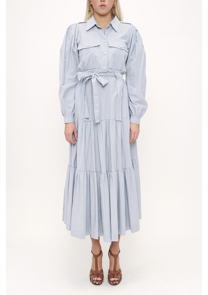 Açık Mavi Bol Kesim Büzgülü Elbise 93756