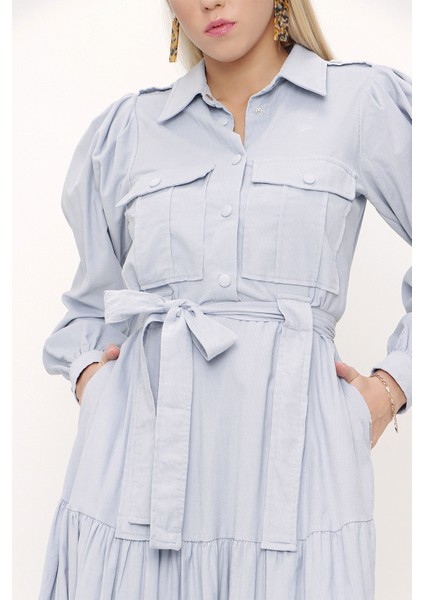 Açık Mavi Bol Kesim Büzgülü Elbise 93756 fırsatları