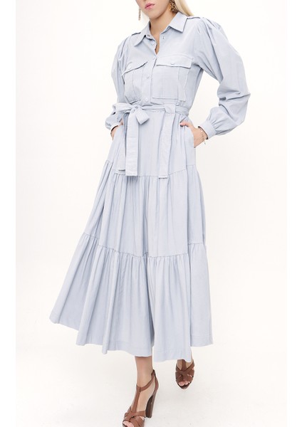 Açık Mavi Bol Kesim Büzgülü Elbise 93756 indirimleri