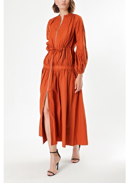 Tarçın Beli Lastikli Büzgülü Uzun Elbise 93842