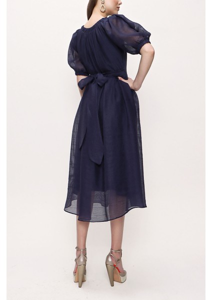 Mavi Balon Kol Kemerli Elbise 93096 indirimleri