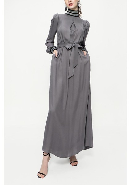 Gri Balıkçı Yaka Ribana Detaylı Uzun Elbise 94156