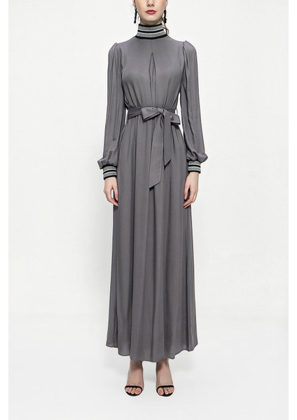 Gri Balıkçı Yaka Ribana Detaylı Uzun Elbise 94156 fiyatları