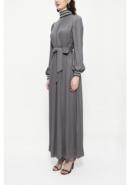 Gri Balıkçı Yaka Ribana Detaylı Uzun Elbise 94156 modelleri