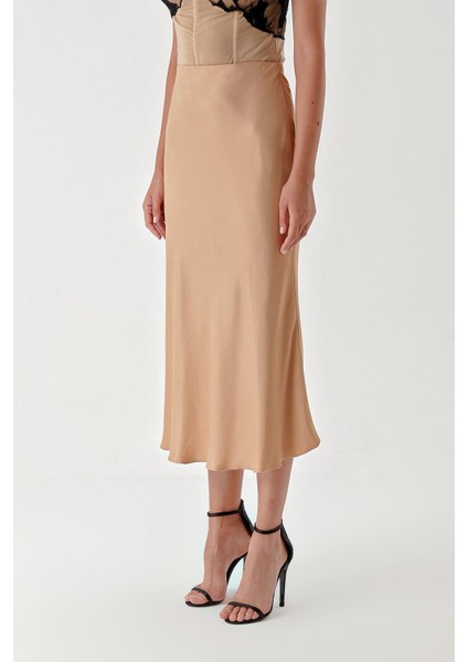 Bej Beli Lastikli Etek 81248