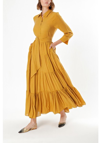 Hardal Bol Kesim Büzgülü Gömlek Elbise 93495