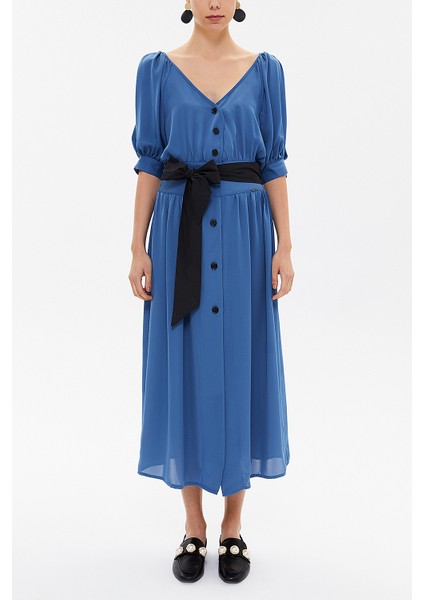 Mavi V Yaka Uzun Elbise 92761