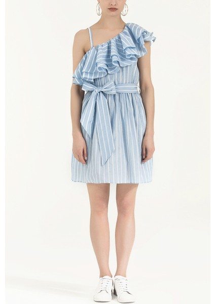 Mavi Tek Omuz Volanlı Mini Elbise 92345