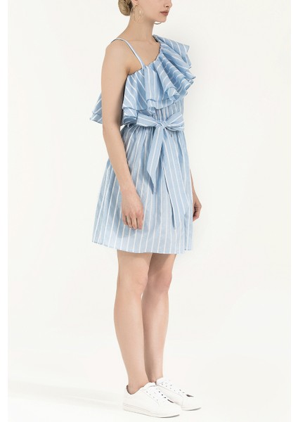 Mavi Tek Omuz Volanlı Mini Elbise 92345 fiyatları