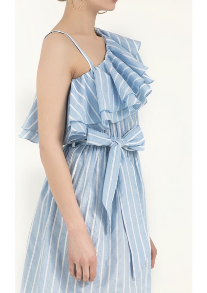 Mavi Tek Omuz Volanlı Mini Elbise 92345 modelleri