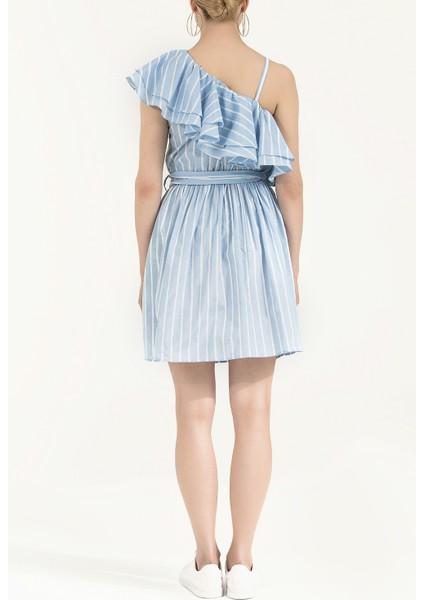 Mavi Tek Omuz Volanlı Mini Elbise 92345 fırsatları