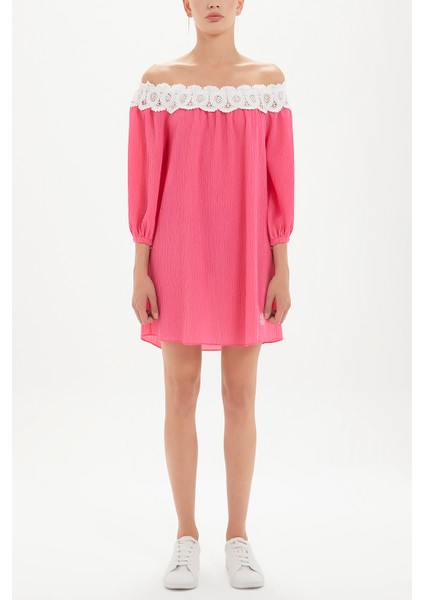 Pembe Düşük Omuz Dantelli Mini Elbise 92307