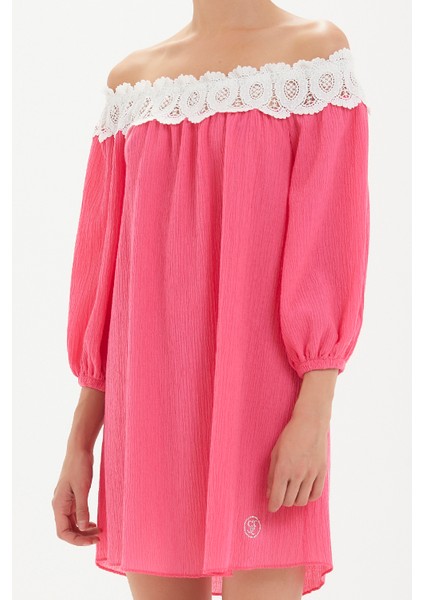 Pembe Düşük Omuz Dantelli Mini Elbise 92307 modelleri