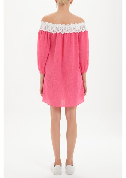 Pembe Düşük Omuz Dantelli Mini Elbise 92307 fırsatları