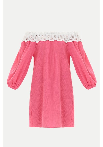 Pembe Düşük Omuz Dantelli Mini Elbise 92307 indirimleri