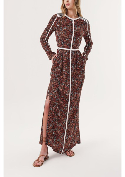 Turuncu Kontrast Biye Detaylı Uzun Elbise 94110