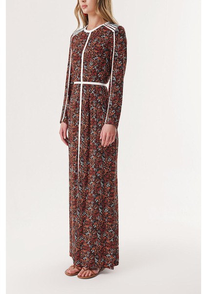 Turuncu Kontrast Biye Detaylı Uzun Elbise 94110 modelleri