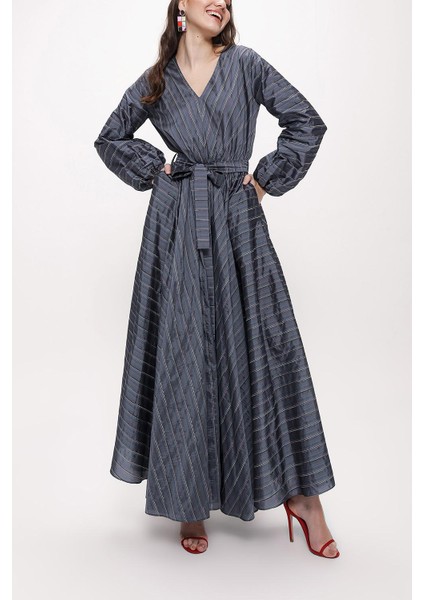 Gri V Yaka Beli Lastikli Uzun Elbise 94113