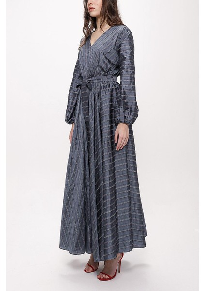 Gri V Yaka Beli Lastikli Uzun Elbise 94113 modelleri