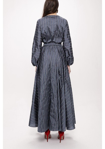 Gri V Yaka Beli Lastikli Uzun Elbise 94113 fırsatları