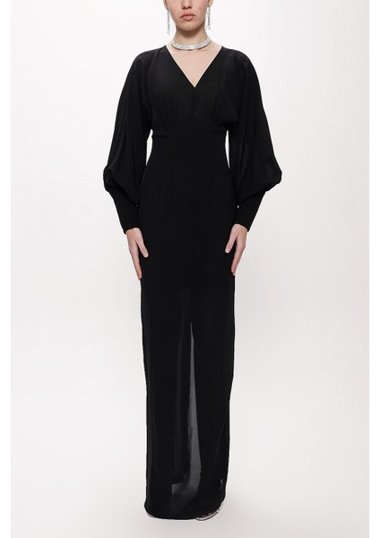 Siyah Korsiyaj Detaylı V Yaka Uzun Elbise 94163