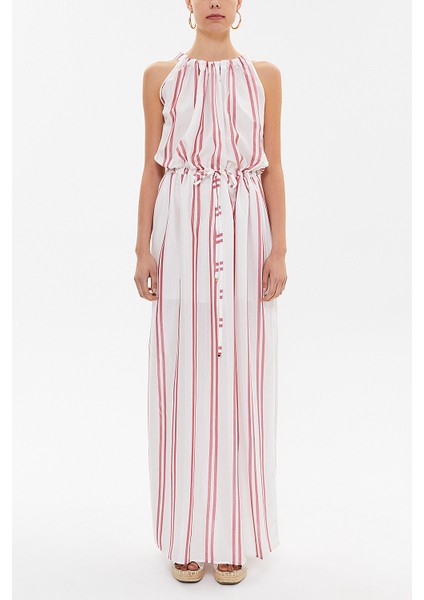 Kırmızı Bağcıklı Kolsuz Uzun Elbise 92385