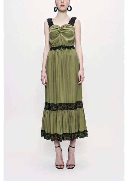 Haki Askılı Dantelli Elbise 93799