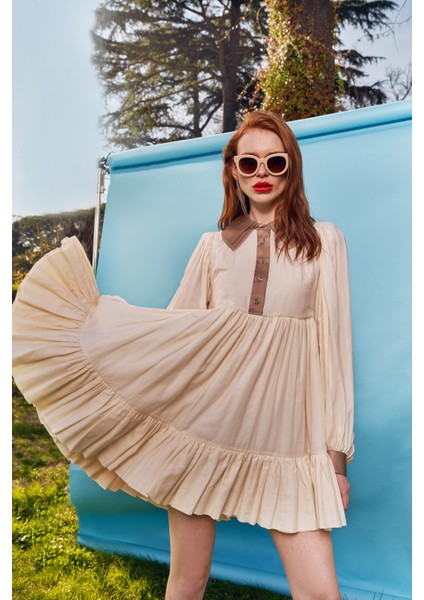 Bej Büzgülü Kısa Vual Elbise 93508 fiyatları