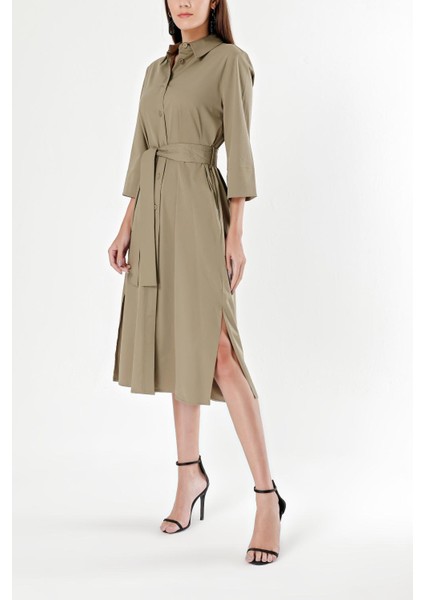 Koyu Haki Kemerli Bol Poplin Elbise 93995