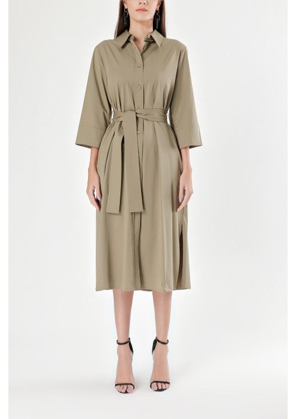 Koyu Haki Kemerli Bol Poplin Elbise 93995 fiyatları