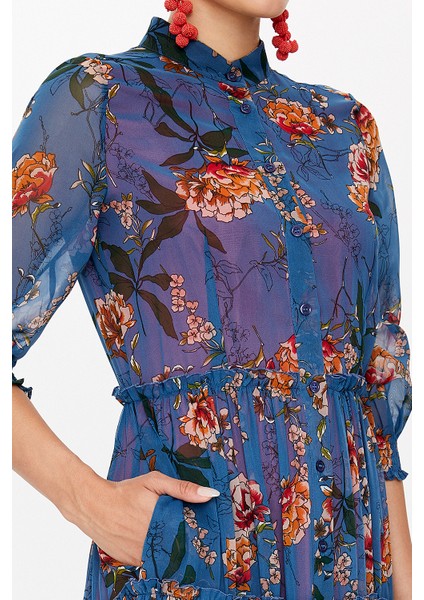 Mavi Kolları Lastikli Büzgülü Uzun Elbise 93164