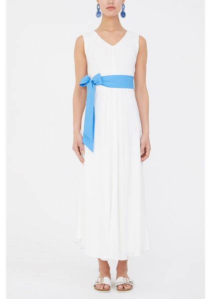Beyaz Kemerli Kolsuz Midi Elbise 92888