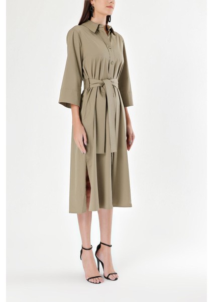 Koyu Haki Kemerli Bol Poplin Elbise 93995 modelleri