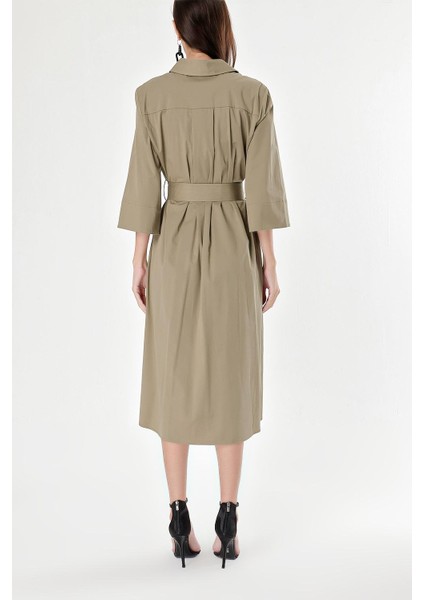 Koyu Haki Kemerli Bol Poplin Elbise 93995 fırsatları