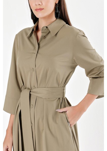 Koyu Haki Kemerli Bol Poplin Elbise 93995 indirimleri