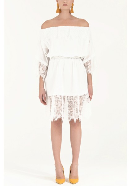 Beyaz Dantelli ve Lastikli Midi Elbise 92313