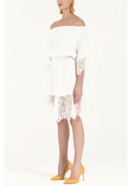 Beyaz Dantelli ve Lastikli Midi Elbise 92313 fiyatları