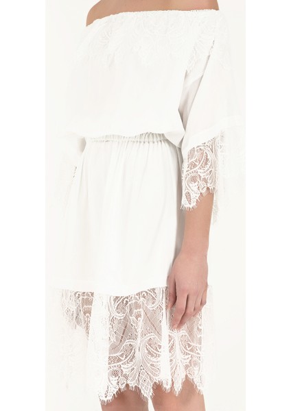 Beyaz Dantelli ve Lastikli Midi Elbise 92313 modelleri