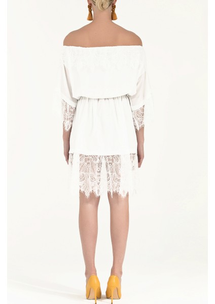 Beyaz Dantelli ve Lastikli Midi Elbise 92313 fırsatları