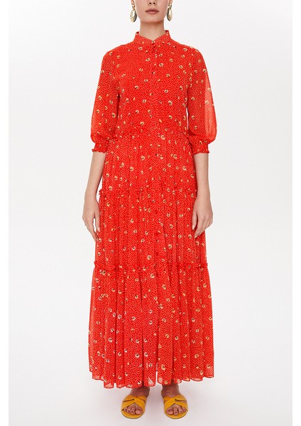 Kırmızı Kolları Lastikli Büzgülü Uzun Elbise 93164