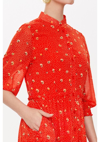 Kırmızı Kolları Lastikli Büzgülü Uzun Elbise 93164